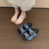 2025 Summer New Denim Casual Flat Bottom Square Head Buckle with Slippers Women's Sandals Wear Versatile Slippers Women's Trend
