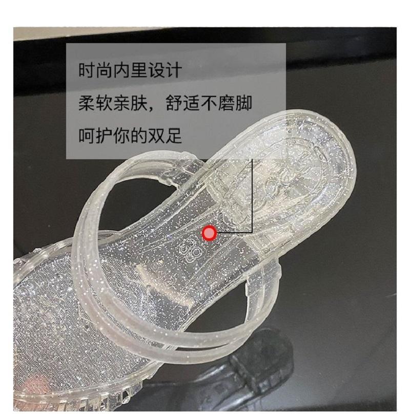 Fashion New Pointed Toe Jelly Sandals Women Chunky Heel Mules Woman Glitter Clear Slip On Hollow Out Low Heel Slides Shoes Lady Sandals