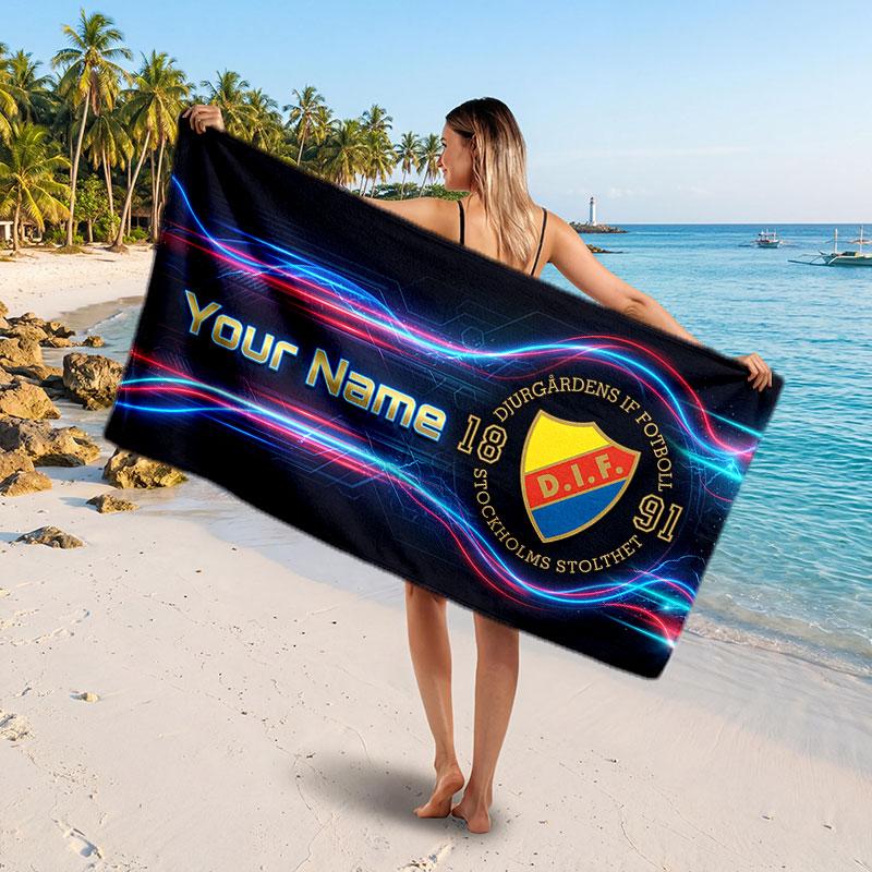Djurgårdens IF Custom Beach Towel, Personalized Name Text Print, Football Logo Soft Quick‑Dry Towel Holiday Gift