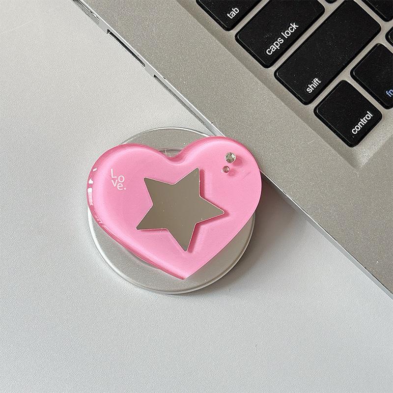Heart-shaped Rhinestone Star Mirror Phone Holder with Magnetic Finger Ring