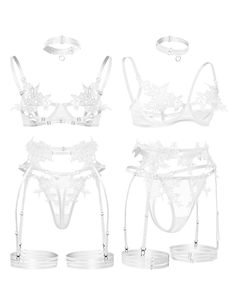 Lace Lingerie Hot Sheer Bralette & Garter Belt with Thong Strappy Open Cup Bra Harness Seductive Underwear for Women Sexy Outfit