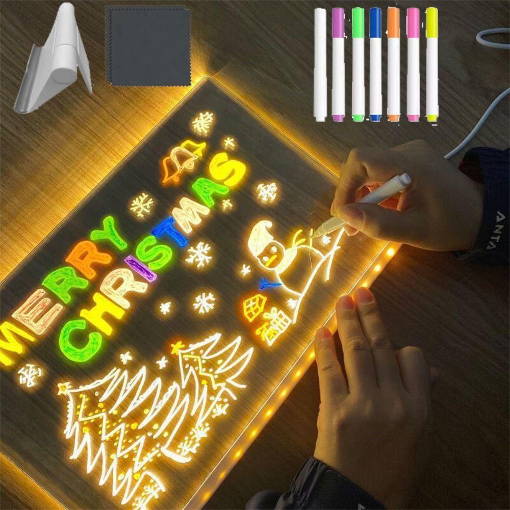 Colorful 7 Pens LED Note Board with Night Light Adjustable Stand Rewritable Surface Children's Drawing Board USB Power Erase