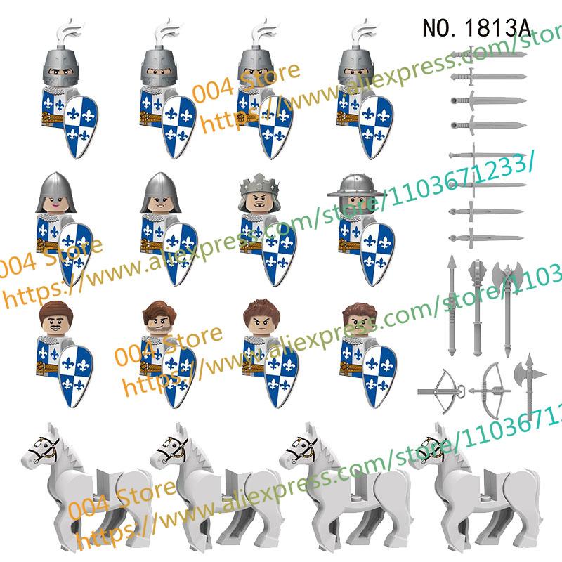 N501U-504U Medieval Castle Knight Building Blocks Figures Four Side UV Printing King Warhorse Weapons Accessories Toys Kid Gifts