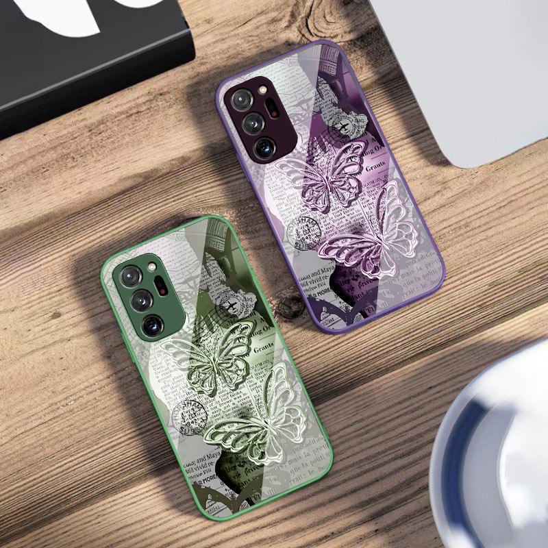 Vintage Schmetterling für Samsung Galaxy Note 8 9 10 PRO 20 Ultra A01 02 03 Core 04E 4G 12 13 5G Gehärtetes Glas Handyhülle