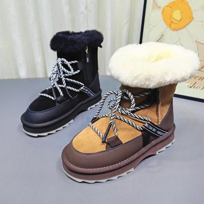 Neue Leder Kältebeständige Wasserdichte Samt Verdickte Warme Wolle Schneestiefel Damen Erhöhend Dicksohlige Baumwollschuhe Stiefel