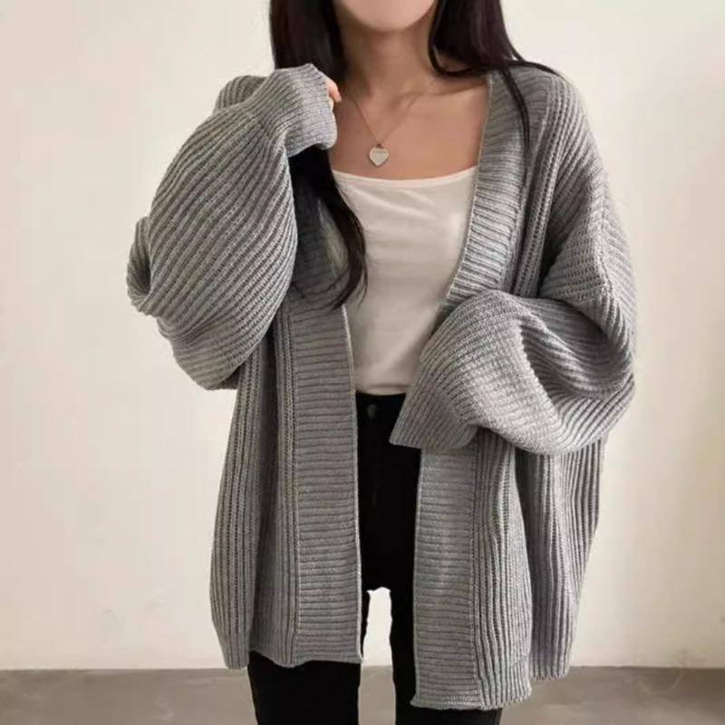 Autumn and winter simple solid color lazy loose casual versatile medium and long sweater jacket women's knitted cardigan