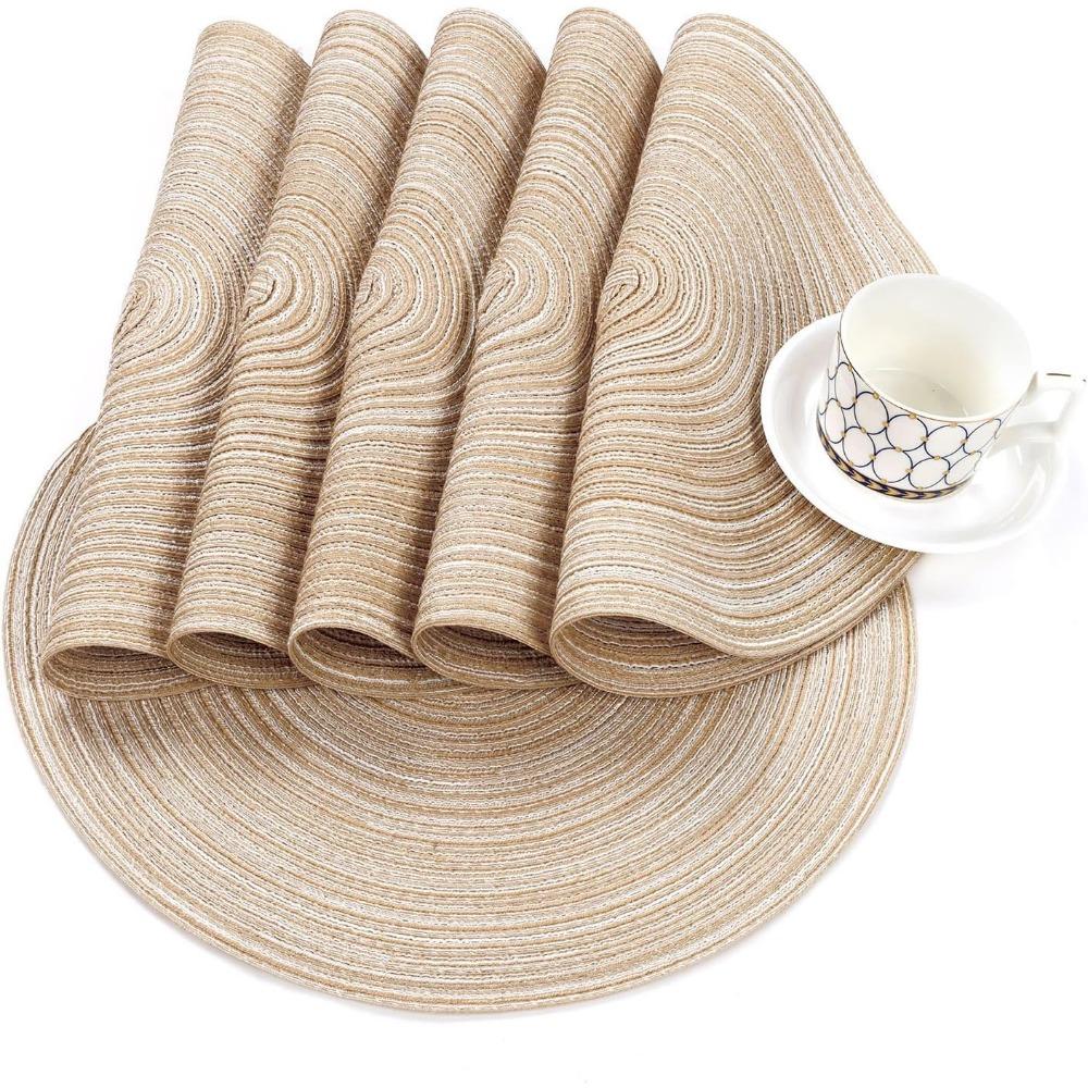 Kulaté prostírání Sada 6 kusů Bavlněný Polyester Pletené prostírání 15 palců Tepelně odolné Omyvatelné Stolní podložky pro Kuchyň Jídelnu Večírek Přírodní Stolní Dekor