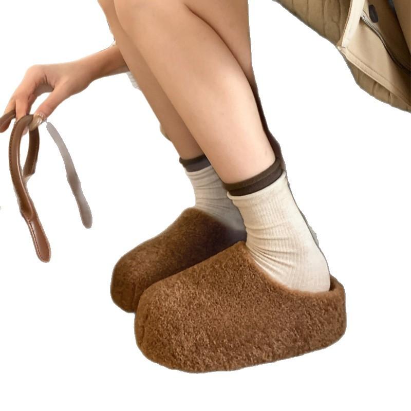 Thick-soled 6CM~ Kapibara Wool Shoes Women's Autumn and Winter Bag Head Cotton Shoes Lazy One Pedal Warm and Velvet Half Slippers