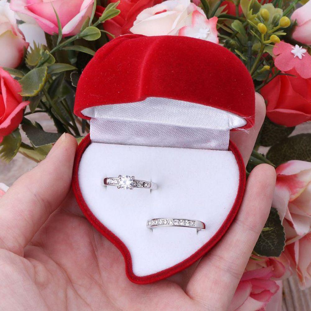 Wedding Heart Shape Velvet Jewelry Box Ring Display Box Red Rose Double Ring Storage Box