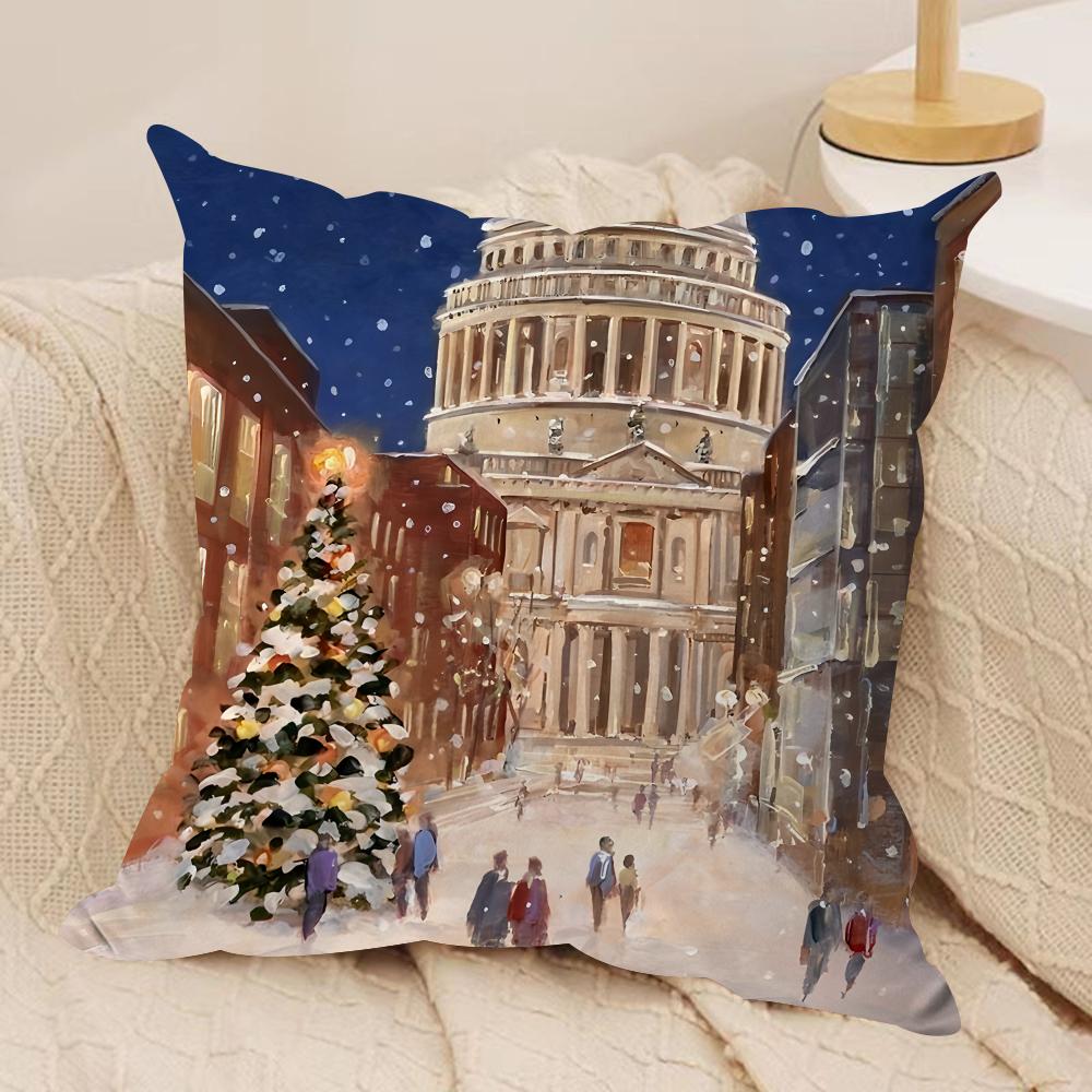 World Landmark Christmas Cushion Cover Silky Short Plush Invisible Zipper Dustproof Sofa Pillow Case For Home Decor
