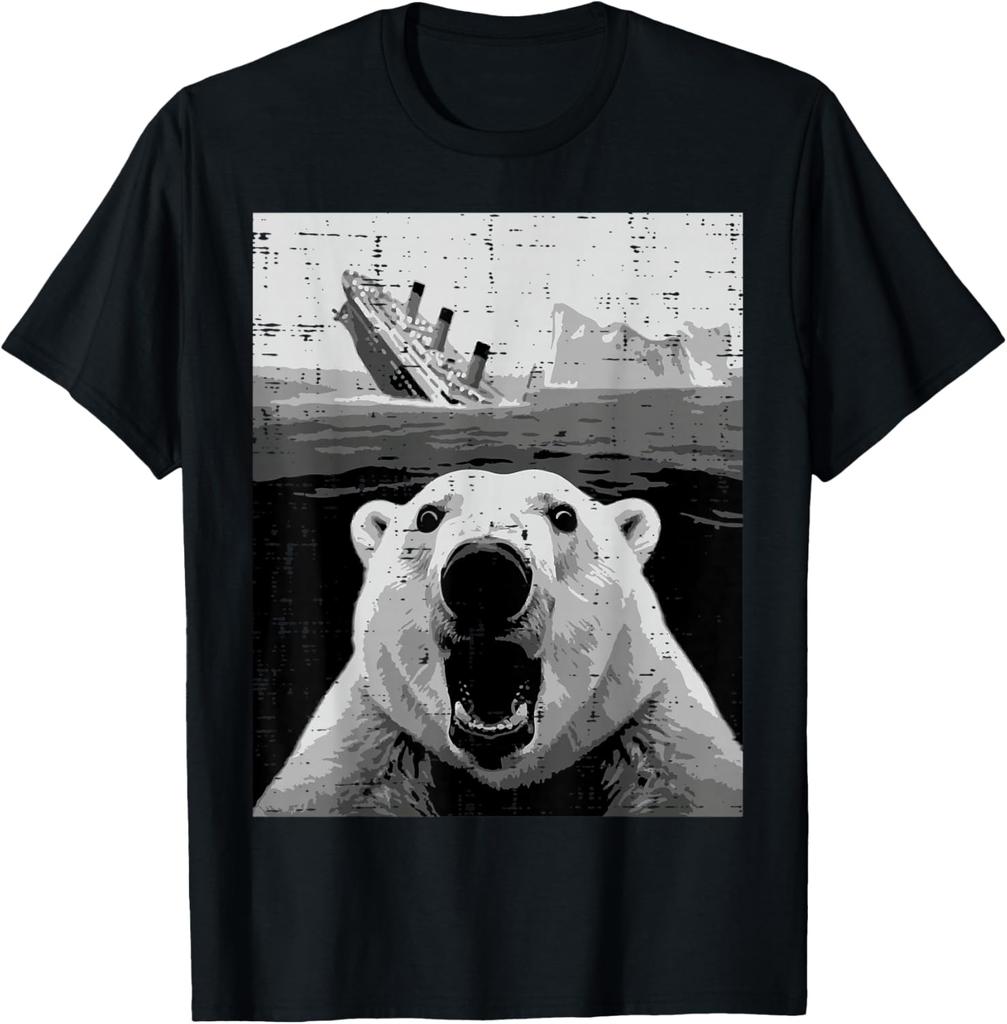 Polar Bear Sinking Titanic Meme Graphic Tee Funny Casual Short Sleeve TShirt for Men Women