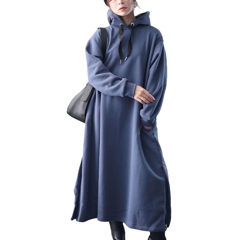 

[Gold Japan] big size ladies one piece long long sleeve hoodie A-line Fleece lining static electricity prevention stretch Expansion and contraction