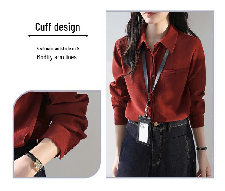 Women's Retro Red Lapel Shirt - 2026 Spring/Autumn Brushed Long Sleeve Top