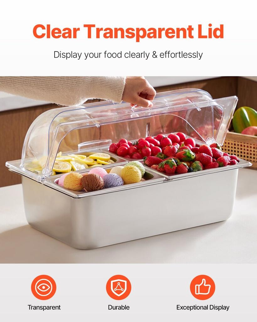 Countertop Food Serving Display Container 4 Pan Condiment Dispenser Tray