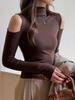 2025 Niche Solid Color Off-Shoulder Cutout Long-Sleeve Base Layer Women's Top with Half-High Neck Design