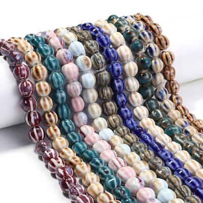 28pcs/string Glaze Ceramics Beads Colorful Pumpkin Stripe Loose Bead For Jewelry Making DIY Crafts Bracelet Necklace Accessories