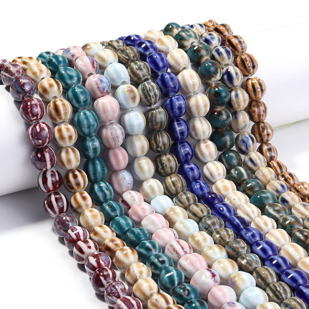 28pcs/string Pumpkin Shape Stripe Ceramics Beads Colorful Floral Glaze Porcelain Beads For DIY Charms Neckalce Bracelet Jewelry