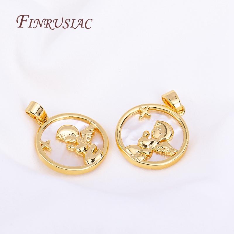 18K Real Gold Plated Natural Shell Round Charms DIY Handmade Jewelry,Angel Praying Suspension Pendant For Necklace Making