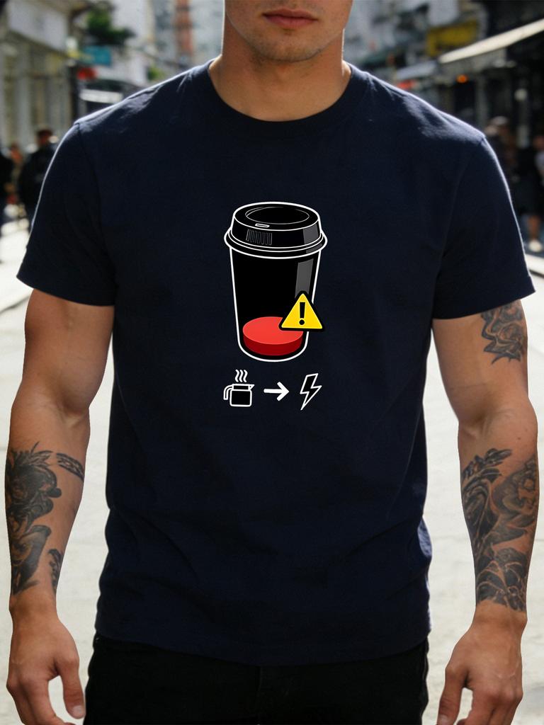 Unisex Black Tee Coffee Cup Energy Warning Graphic Print Short Sleeve Loose Casual Street Basic Top For Male Daily Wear Outfit