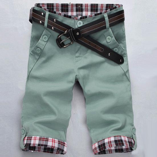 Summer Beach Casual Men Plaid Patchwork Podkręcane spodenki z mankietami Piąte spodnie