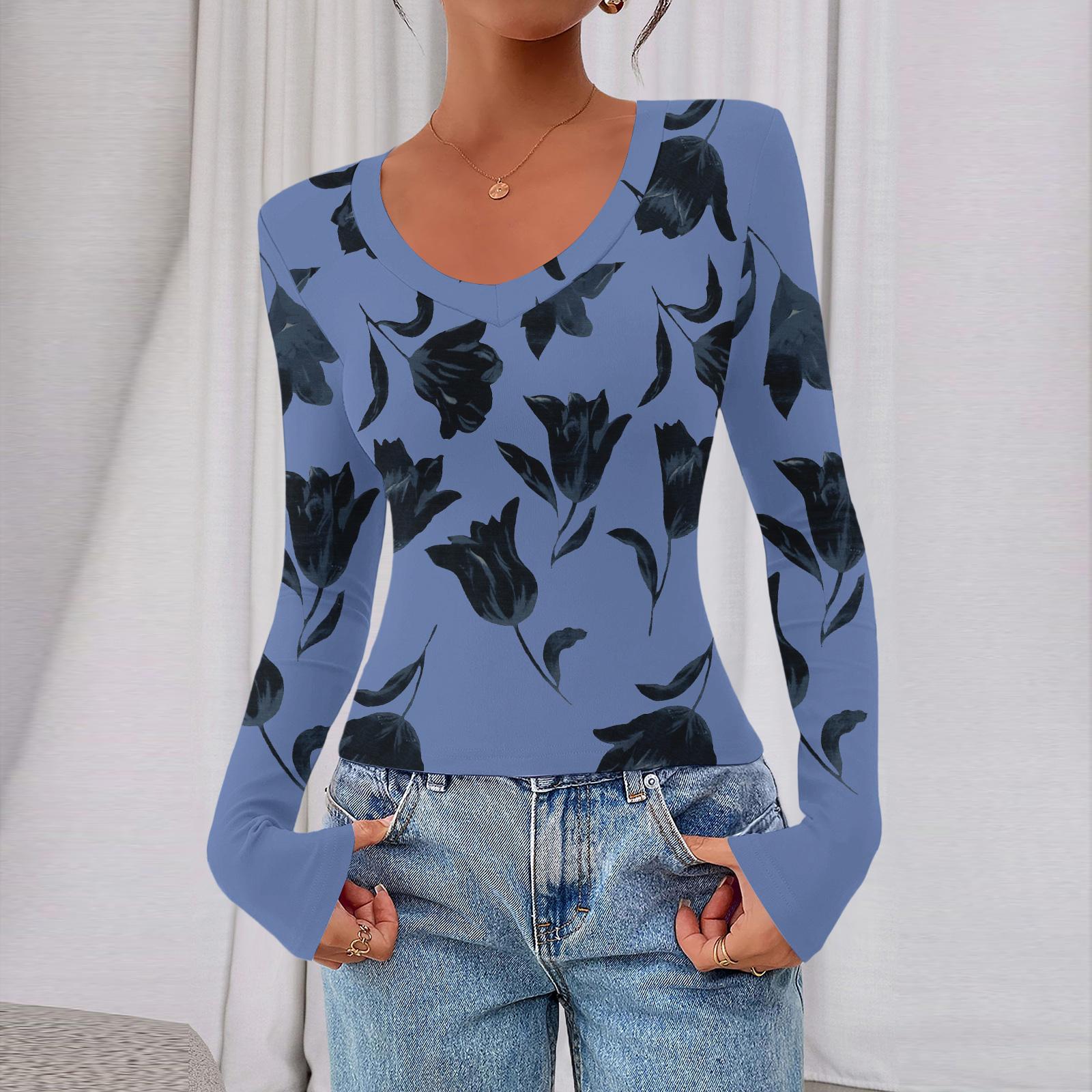 

Женский повседневный модный топ с глубоким V-образным вырезом, облегающий, укороченный, с цветочным принтом для прогулок S синий