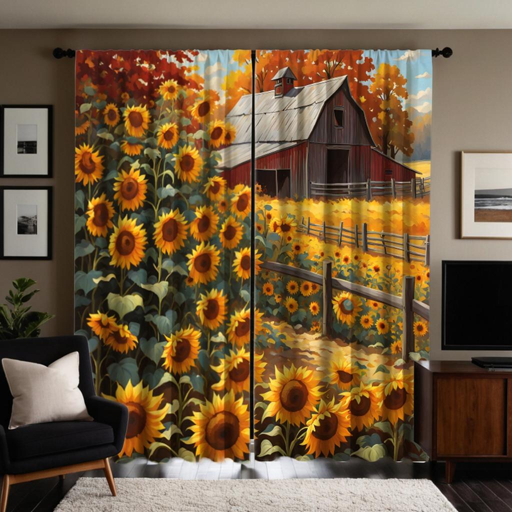 2pcs HD Country Cottage Pastoral Sunflower curtains Yellow tie digital printed curtains Home Decoration style Decorate living