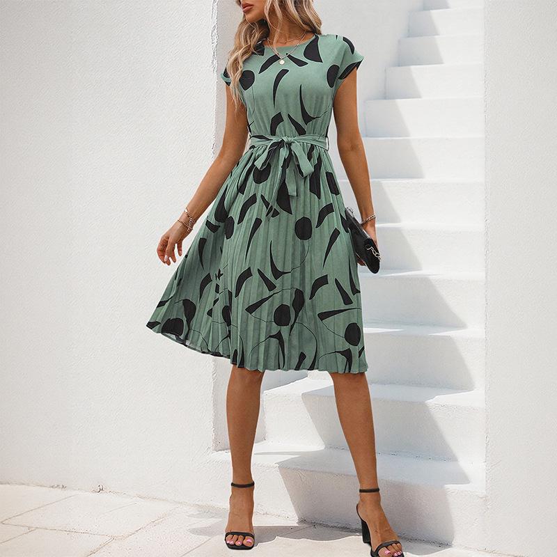 2025 Geometrischer Druck Midilanges Sommerkleid - Plissiert Europäischer & Amerikanischer Stil Damenbekleidung