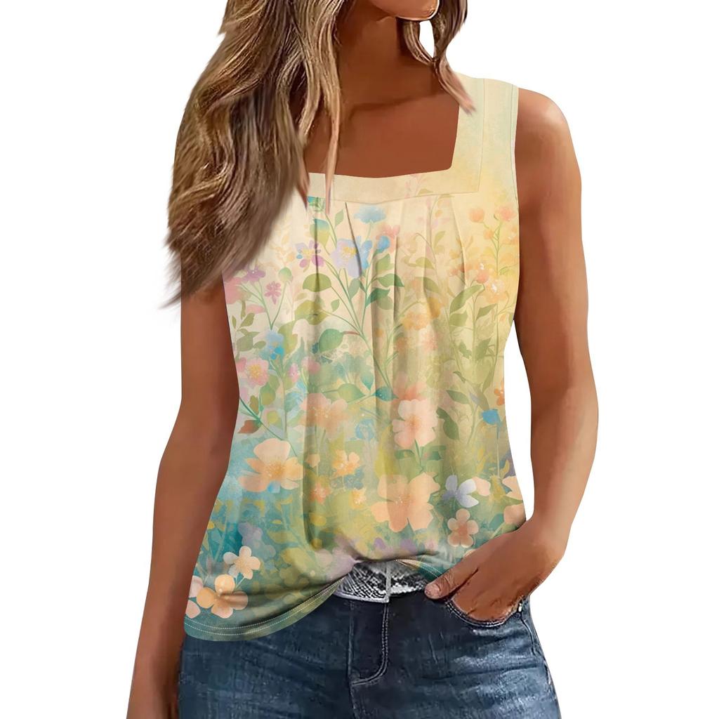 Women's Fashion Casual Pleated Square Collar Sleeveless Vest Print Summer T-shirt