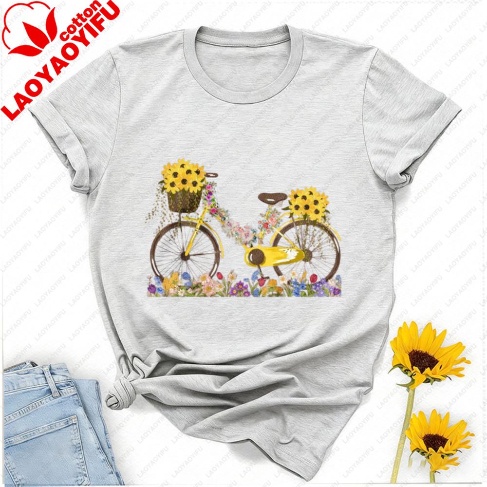 Floral Bicycle TShirt Sunflower Wildflower Graphic Tee Cute Garden Nature Shirt for Unisex Summer Botanical Gift Tops Y2k Top