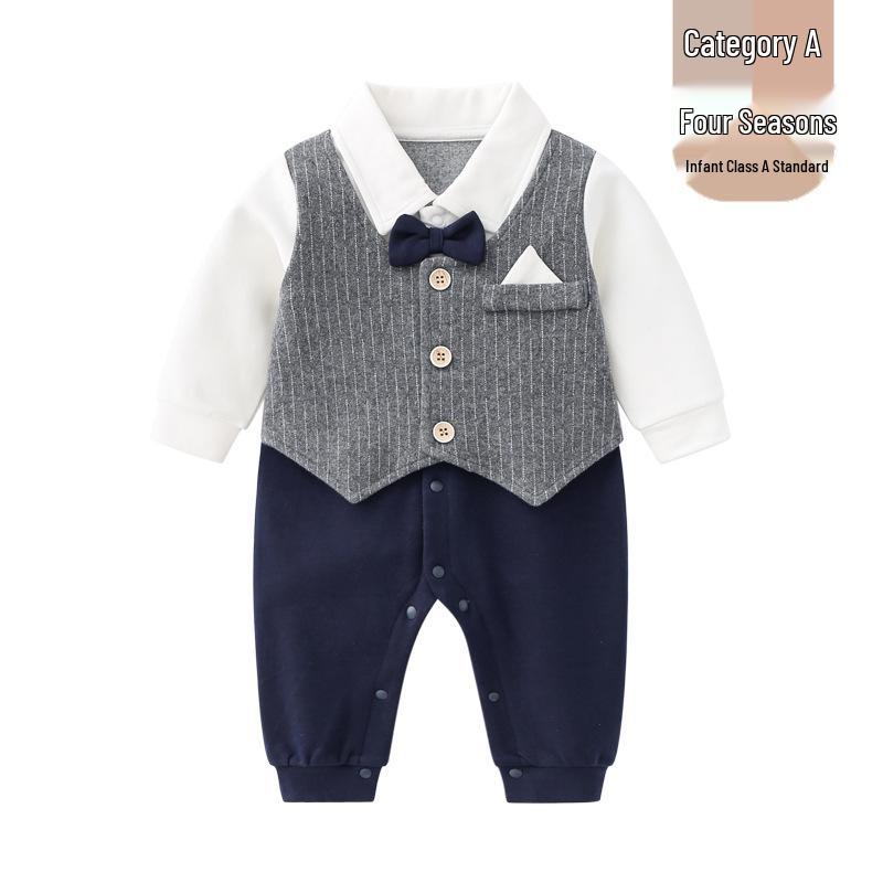 Newborn Padded First Birthday Dress & Romper Suit for Autumn/Winter - Baby Boy's 100-Day Crawling Outfit