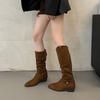 Pile Boots Women's Pointed Head Tall Tube Medium Tube Knight Boots New Early Autumn Winter Brown Western Cowboy Long Boots