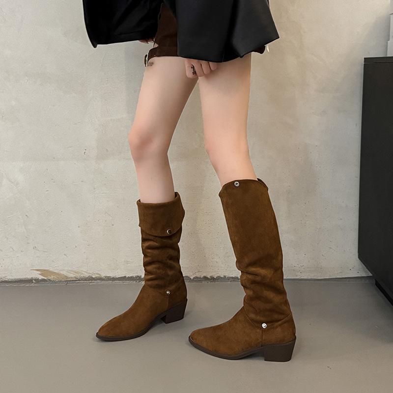 Pile Boots Women's Pointed Head Tall Tube Medium Tube Knight Boots New Early Autumn Winter Brown Western Cowboy Long Boots