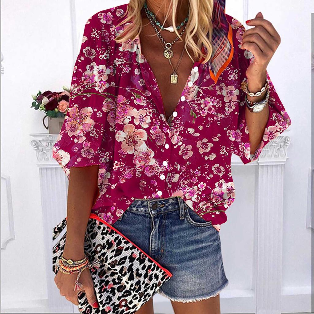 2023 Summer Autumn New Fashion Women's Tops Orange Plum Printed Half Sleeve Casual Plus Size Button-down Shirt with Bubble Sleeves