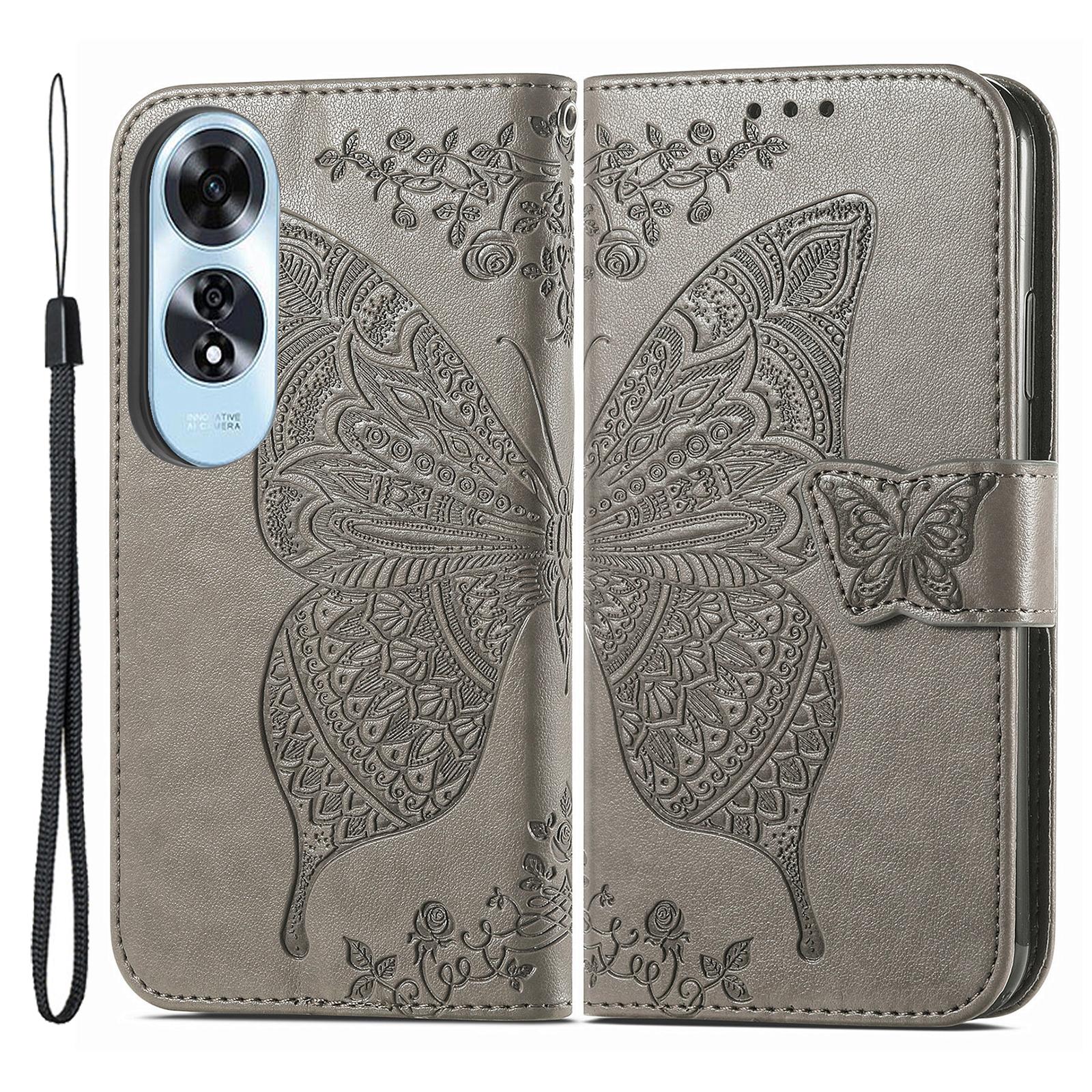 

Для Oppo A60 4G Чехол с тиснением бабочки из ПУ кожи, подставка, ремешок на запястье, кошелек, чехол для телефона Grey