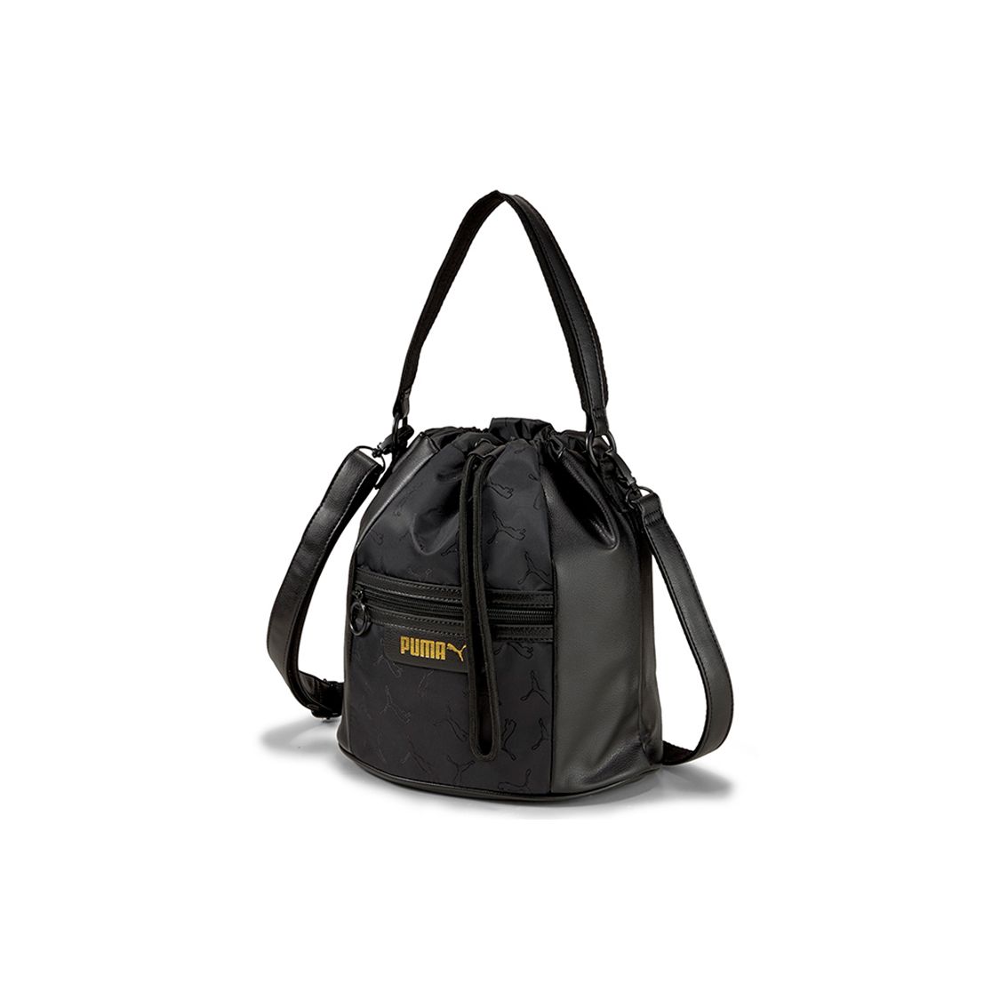 Puma Black Patterned Gold Logo Drawstring Fabric Bucket Bag Women Bags 077941-01 OSFA