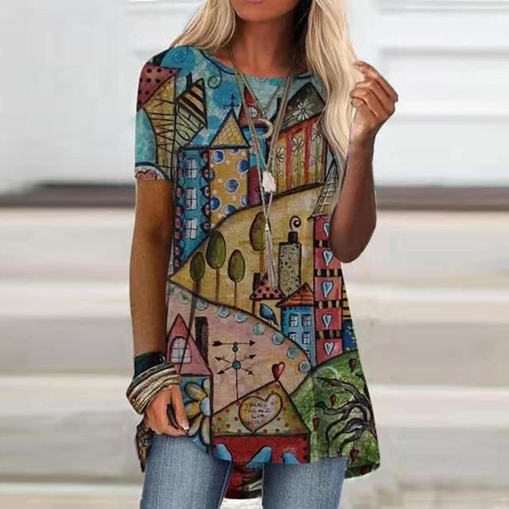 Women's Round Neck Short Sleeve Geometric Print Tunic Top Casual Asymmetrical Hem Blouse