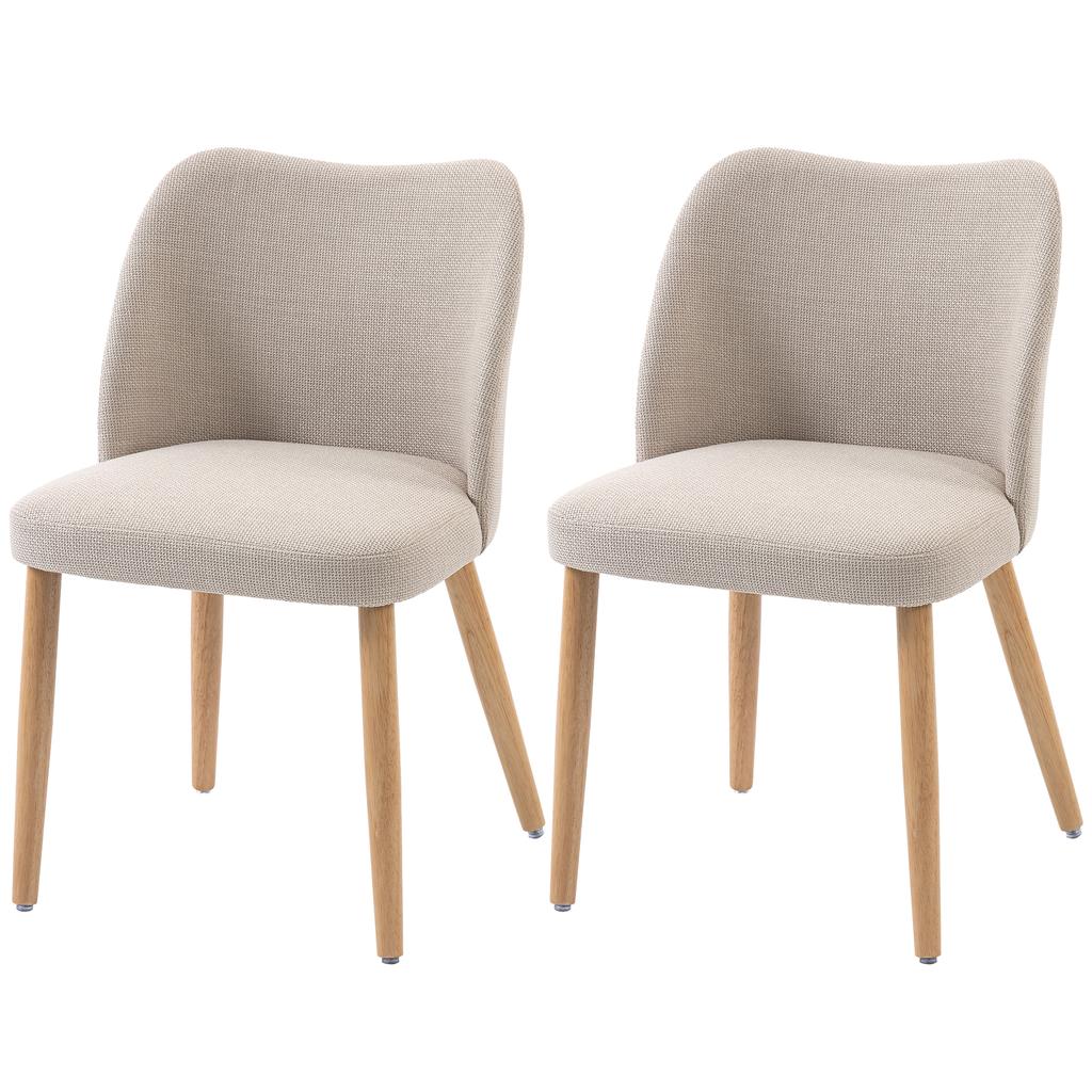 Set of 2 Dining Chairs in Linen-Effect Fabric and Rubberwood, Padded Seat, Curved Backrest, Cream