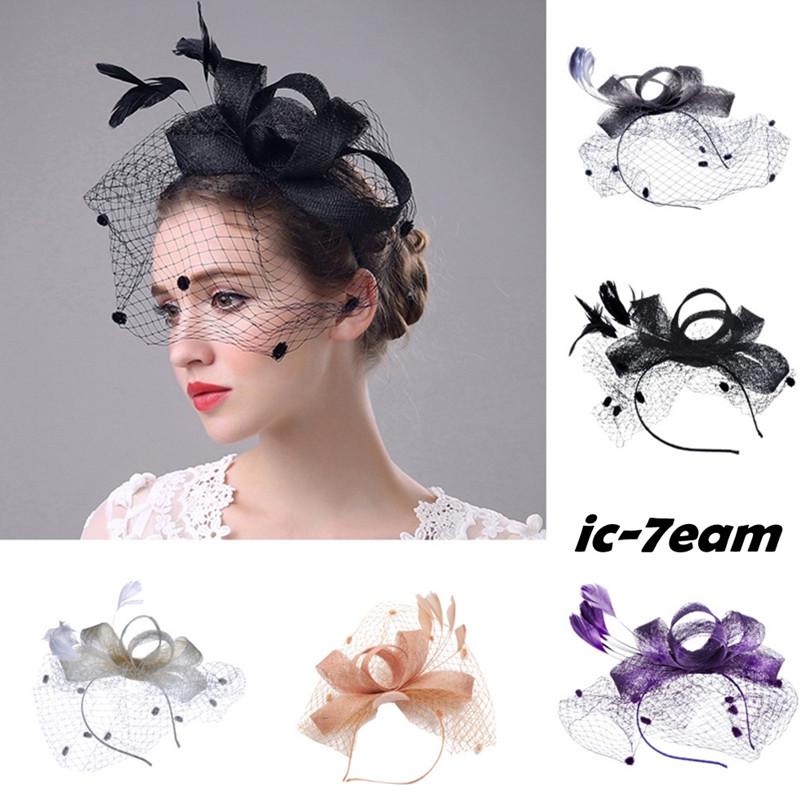 

ic Мода Женщины Фасцинатор Пенни Сетка Шляпа Ленты и Перья Свадебная вечеринка Шляпа