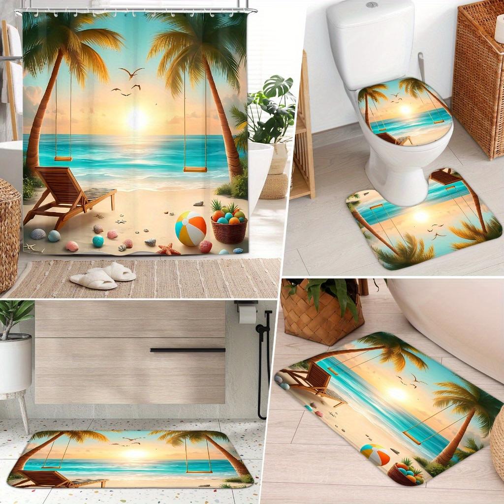 4Pcs Tropical Beach Swing Shower Curtain Set with Non-Slip Bath Mat, Toilet Lid Cover, Contour Rug & 12 Hooks, Bathroom Decor