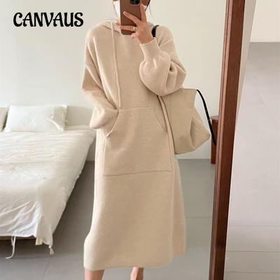 Herbst und Winter Damen-Sweatshirt-Kleid, mittellange Strickkleider mit Kapuze, modisch, lässig, Sweatshirt-Taschen, französische Pullover-Kleider in Übergröße