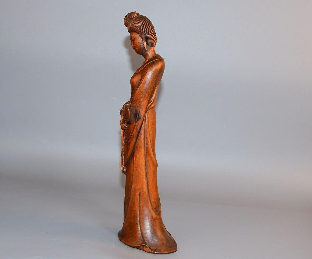 Chinese Antique Boxwood Carved Beautiful Woman Statue Sculpture Home Decor Art