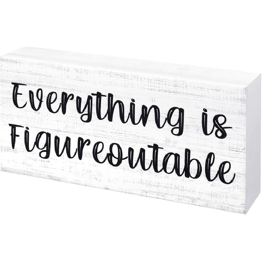 Esur Home Office Desk Black Decor - Inspirational Farmhouse Wooden Box Sign - Everything is Figureoutable белый