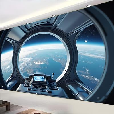 Raumstation Fensterblick Wandteppich Erde aus dem Weltall Wandbehang Tapisserie Für Wohnzimmer Schlafzimmer Heimdekoration Ästhetisch