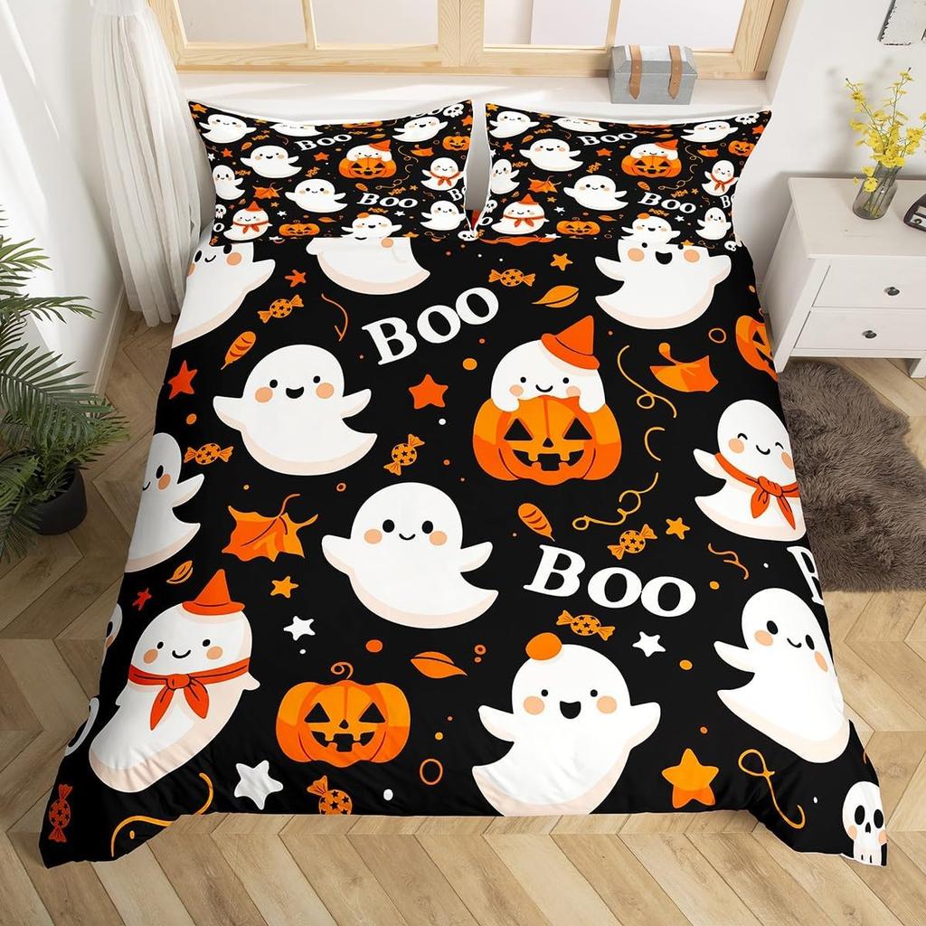 Halloween Ghost Duvet Cover Kawaii Cartoon Ghost Bedding Set Twin Queen For Boys Girl Room Decor Happy Halloween Comforter Cover