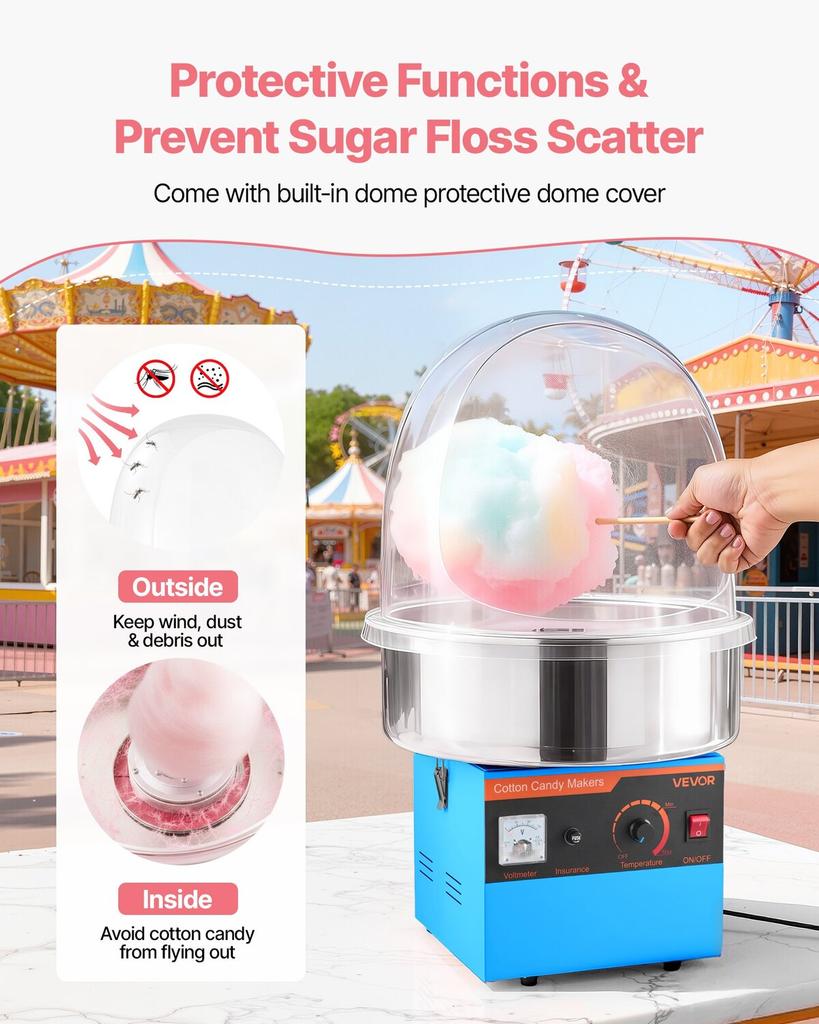 Electric Cotton Candy Machine, 1000W Electric Floss Maker With Cover, Commercial Cotton Candy Machine w/Stainless Steel Bowl & Sugar Scoop, Ideal for