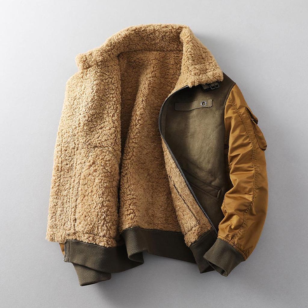 Men's Winter Lapel Leather & Fur Color Block Jacket 