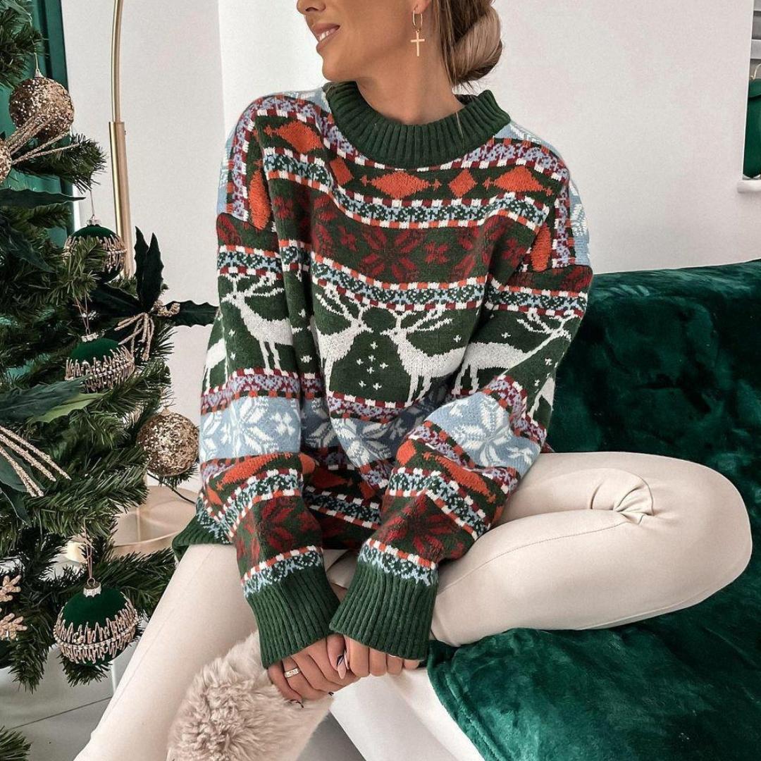 

GMXIA Осень-зимний свитер с круглым вырезом, свободный, пятицветный, рождественский, жаккардовый, с длинными рукавами, для женщин XL зелёный