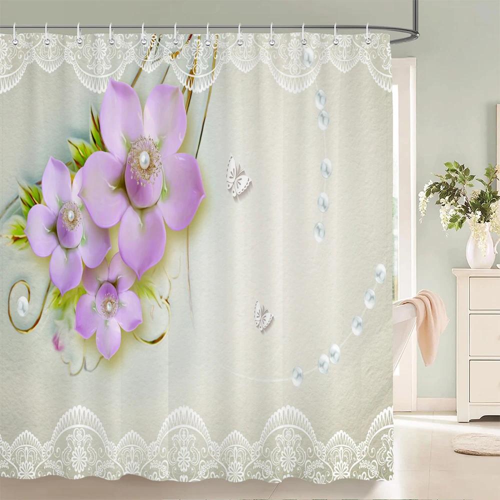 

3D European Style Flower Printing Bathroom Shower Curtain Polyester Waterproof Fabric Bathroom Curtain Home Decorate With Hook W60H190(CM)-1 Pcs