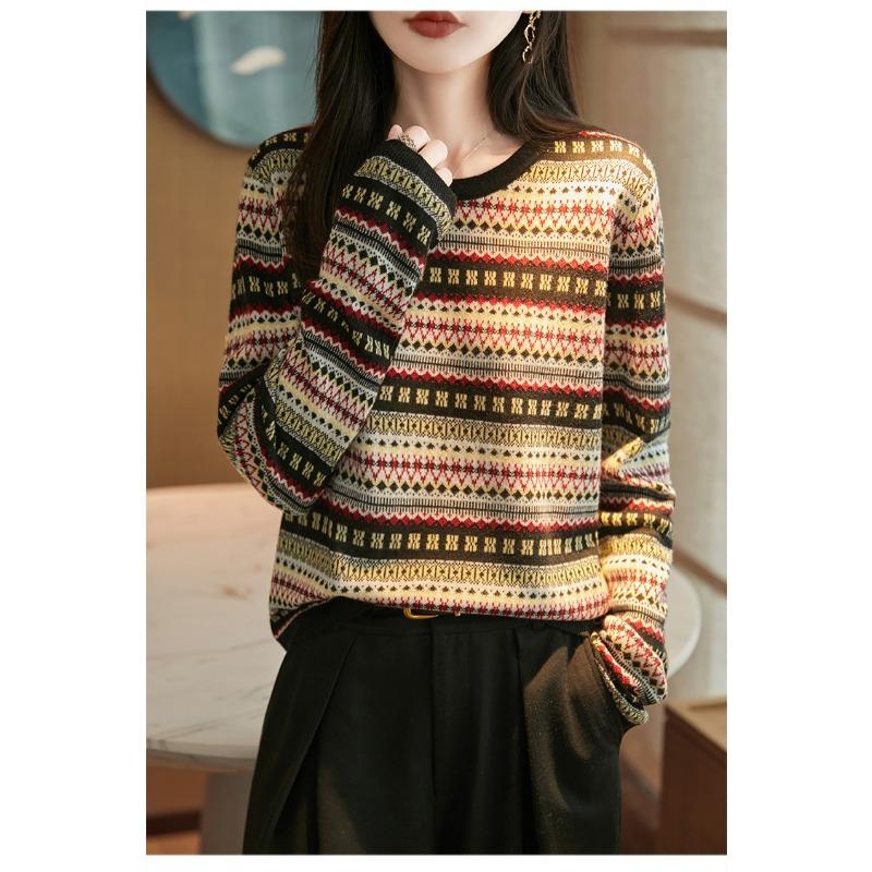 Autumn Winter Vintage Ethnic Women S Round Neck Knitted Sweater