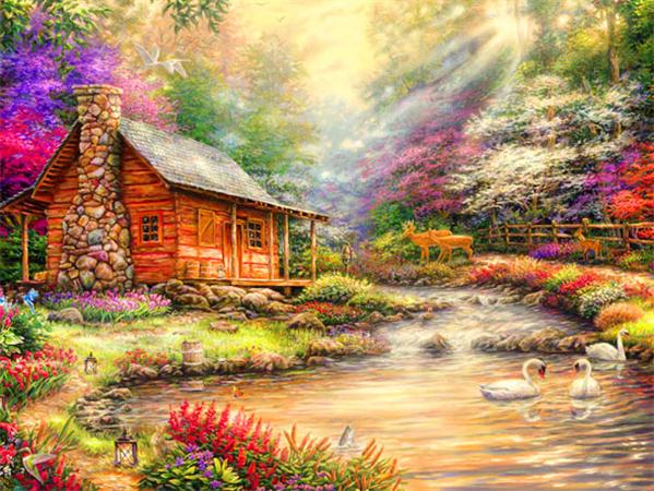 5D DIY Diamantmalerei Haus Landschaft Voll Platz Rund Stickerei Mosaik Baum Szenerie Heimdekoration